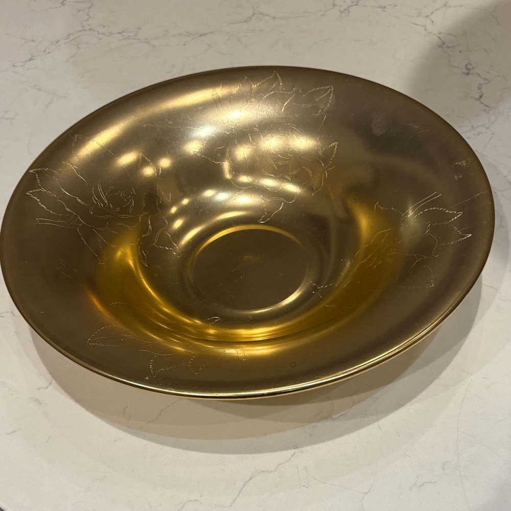 MCM Large Gold Anodized Aluminum Bowel‎ With Floral/Leaf-Etched Pattern